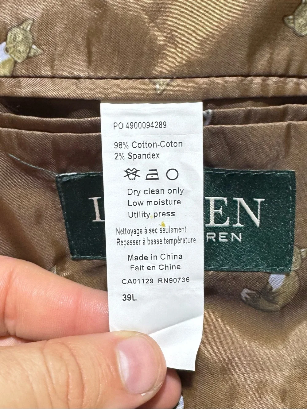 Lauren Ralph‎ Lauren Jacket Mens 39L Brown Blazer Fox Print Lined Elbow Pads